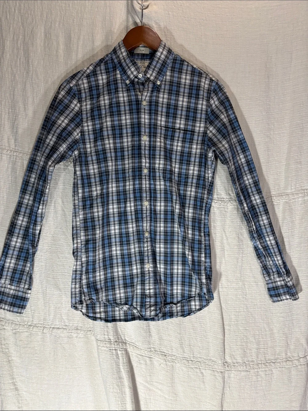 J. Crew Secret Wash Plaid Shirt Slim Fit XS 100% Organic Cotton Blue White EUC